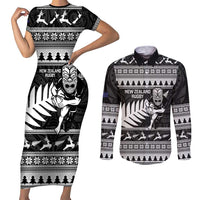 New Zealand Christmas Rugby Personalised Couples Matching Short Sleeve Bodycon Dress and Long Sleeve Button Shirt Meri Kirihimete All Black Maori - Polynesian Pride