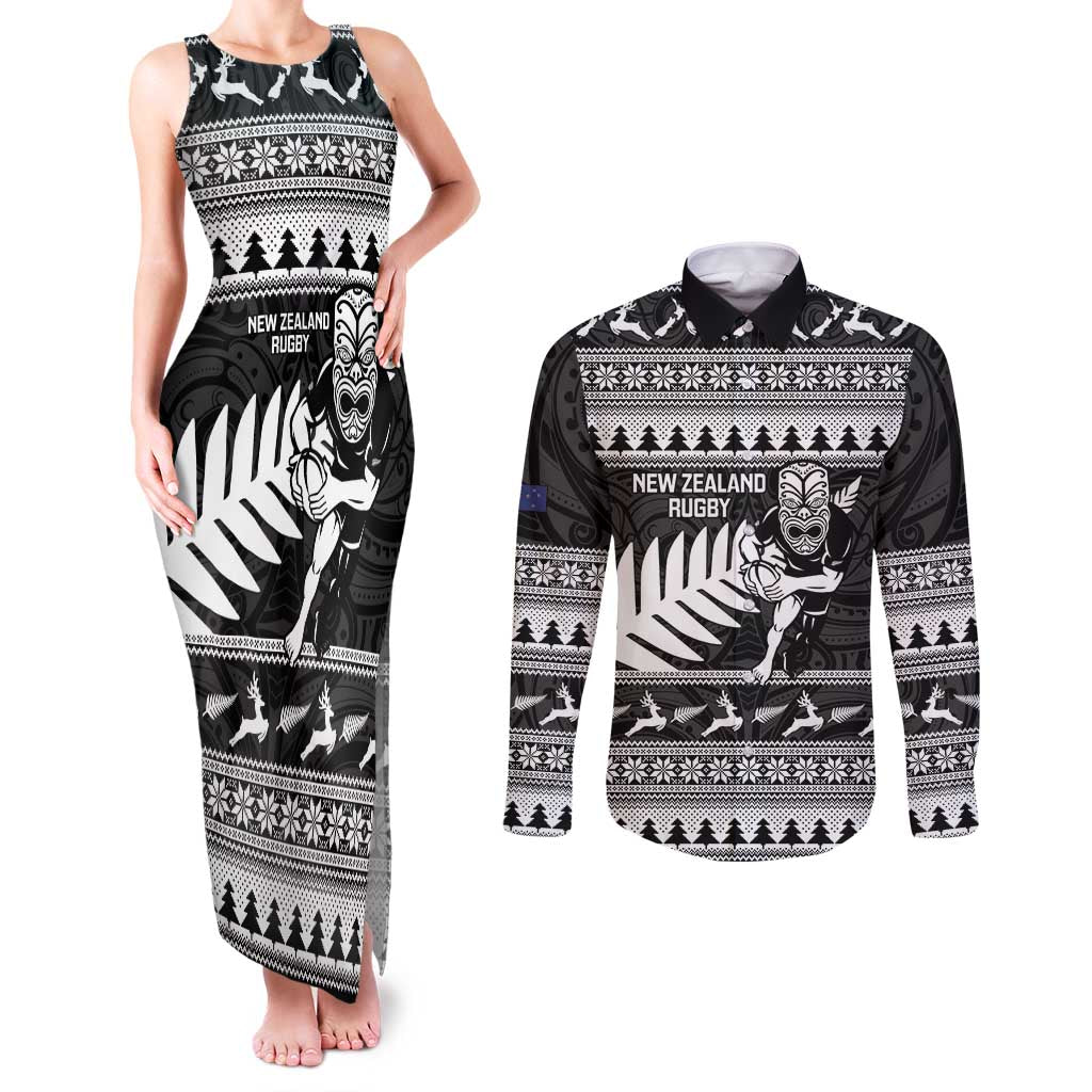 New Zealand Christmas Rugby Personalised Couples Matching Tank Maxi Dress and Long Sleeve Button Shirt Meri Kirihimete All Black Maori - Polynesian Pride