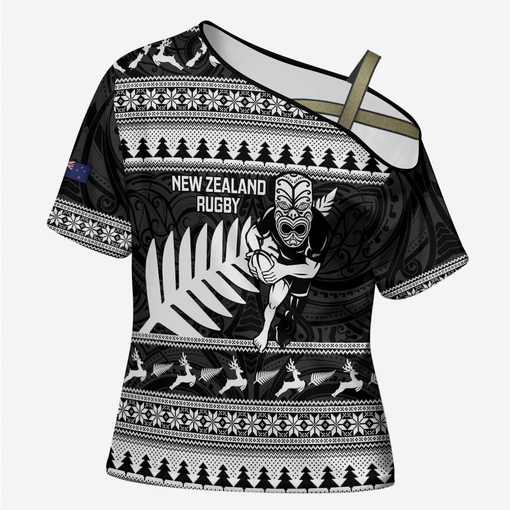New Zealand Christmas Rugby Personalised Cross Shoulder Shirt Meri Kirihimete All Black Maori - Polynesian Pride