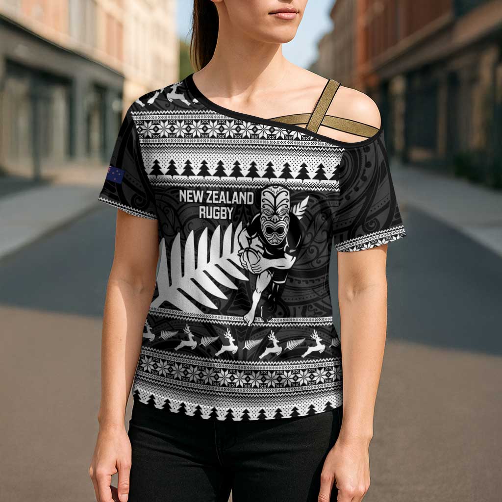 New Zealand Christmas Rugby Personalised Cross Shoulder Shirt Meri Kirihimete All Black Maori - Polynesian Pride
