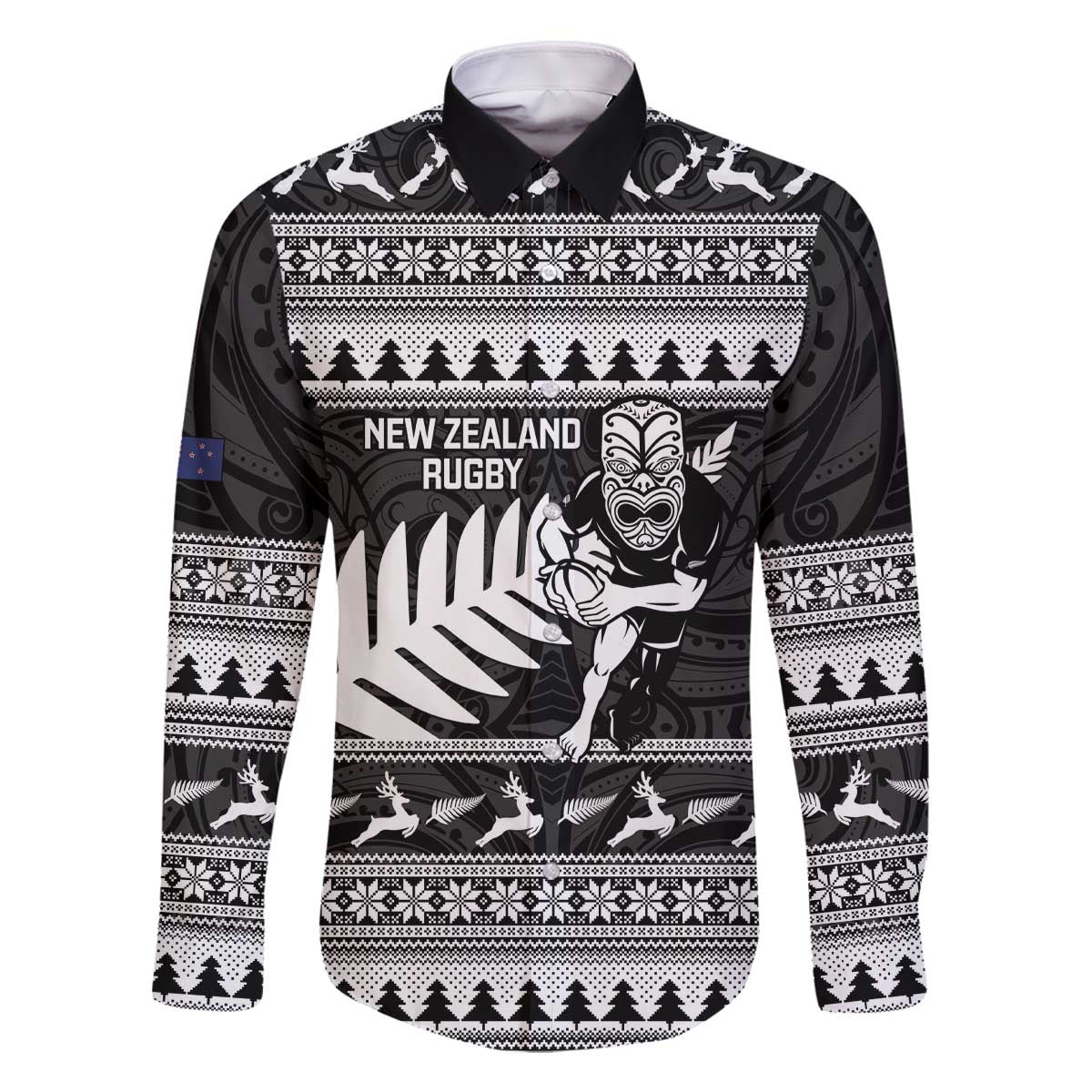 New Zealand Christmas Rugby Personalised Family Matching Off The Shoulder Long Sleeve Dress and Hawaiian Shirt Meri Kirihimete All Black Maori - Polynesian Pride