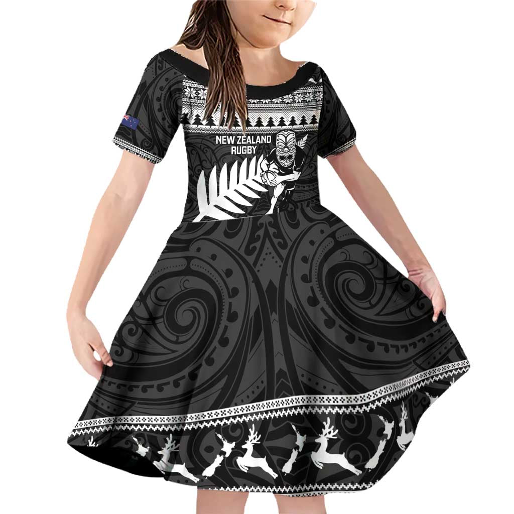 New Zealand Christmas Rugby Personalised Family Matching Off Shoulder Short Dress and Hawaiian Shirt Meri Kirihimete All Black Maori - Polynesian Pride