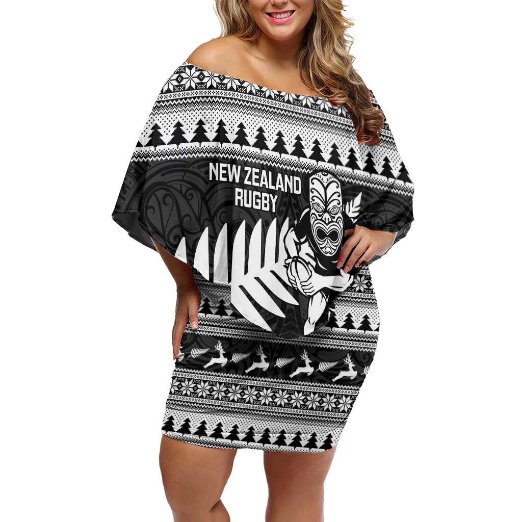New Zealand Christmas Rugby Personalised Family Matching Off Shoulder Short Dress and Hawaiian Shirt Meri Kirihimete All Black Maori - Polynesian Pride