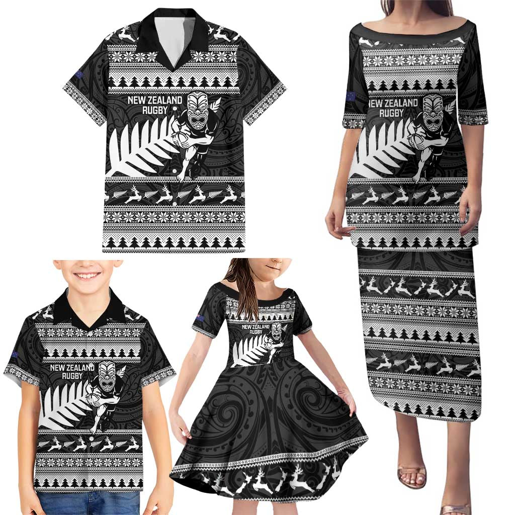 New Zealand Christmas Rugby Personalised Family Matching Puletasi and Hawaiian Shirt Meri Kirihimete All Black Maori - Polynesian Pride