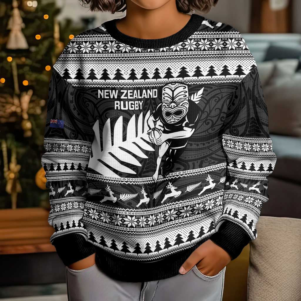 New Zealand Christmas Rugby Personalised Kid Ugly Christmas Sweater Meri Kirihimete All Black Maori - Polynesian Pride