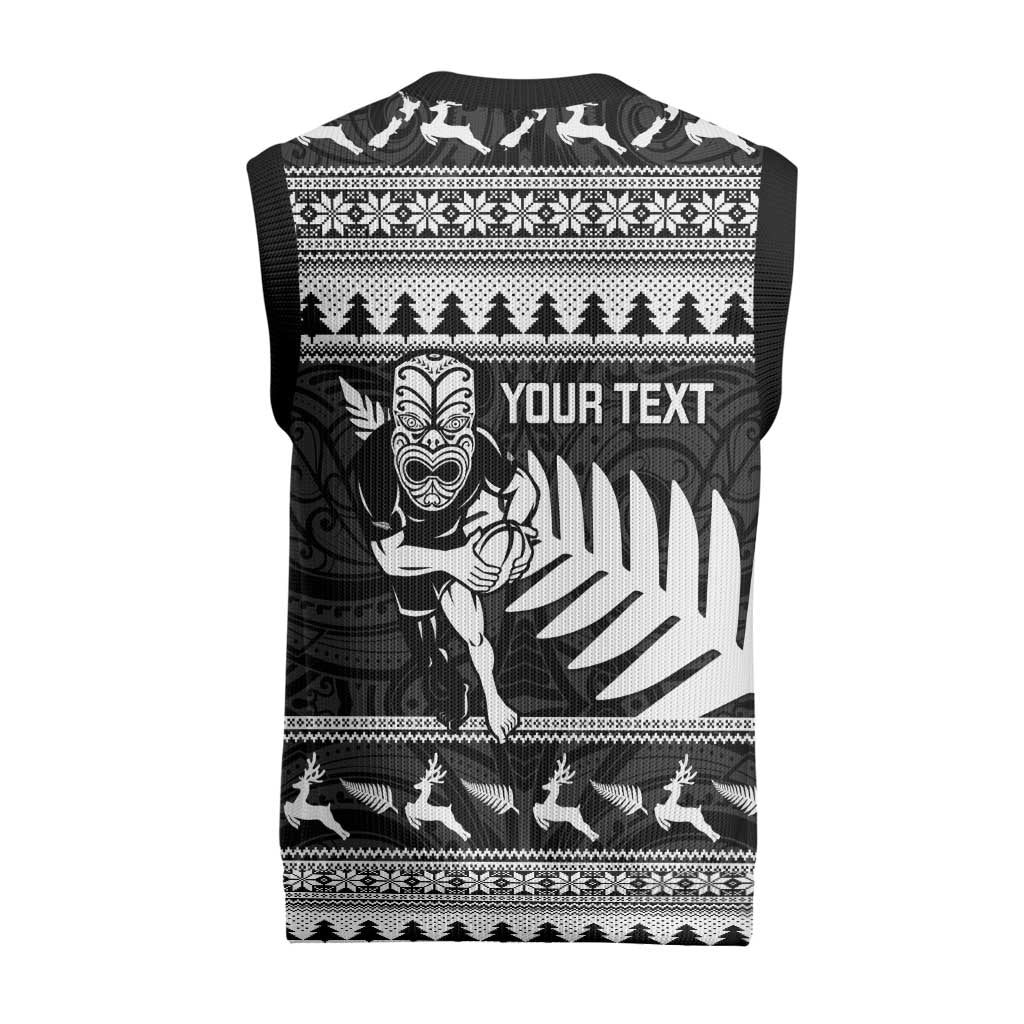 New Zealand Christmas Rugby Personalised Christmas Knitted V-Neck Vest Meri Kirihimete All Black Maori - Polynesian Pride