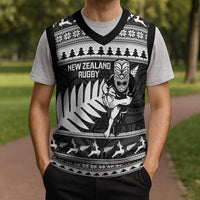 New Zealand Christmas Rugby Personalised Christmas Knitted V-Neck Vest Meri Kirihimete All Black Maori - Polynesian Pride