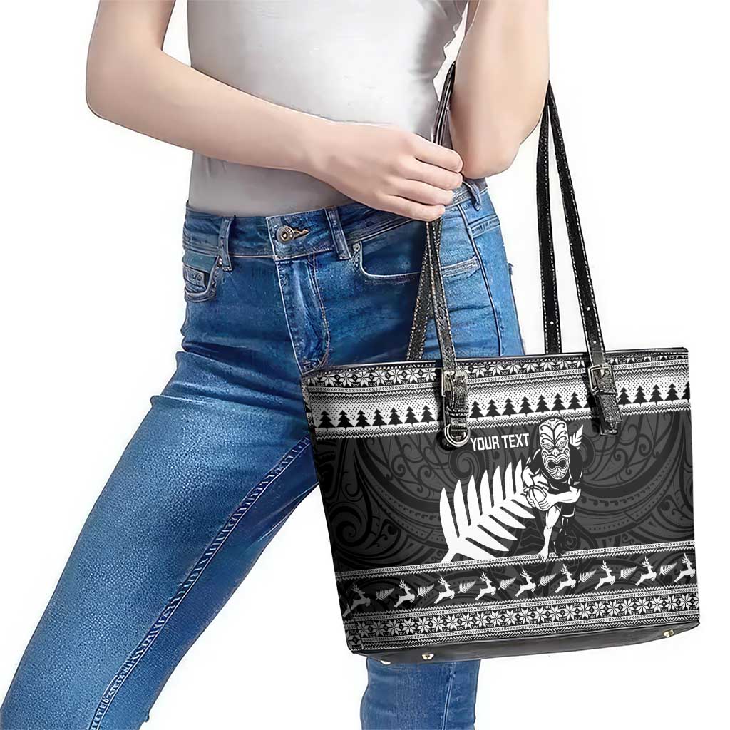 New Zealand Christmas Rugby Personalised Leather Tote Bag Meri Kirihimete All Black Maori - Polynesian Pride