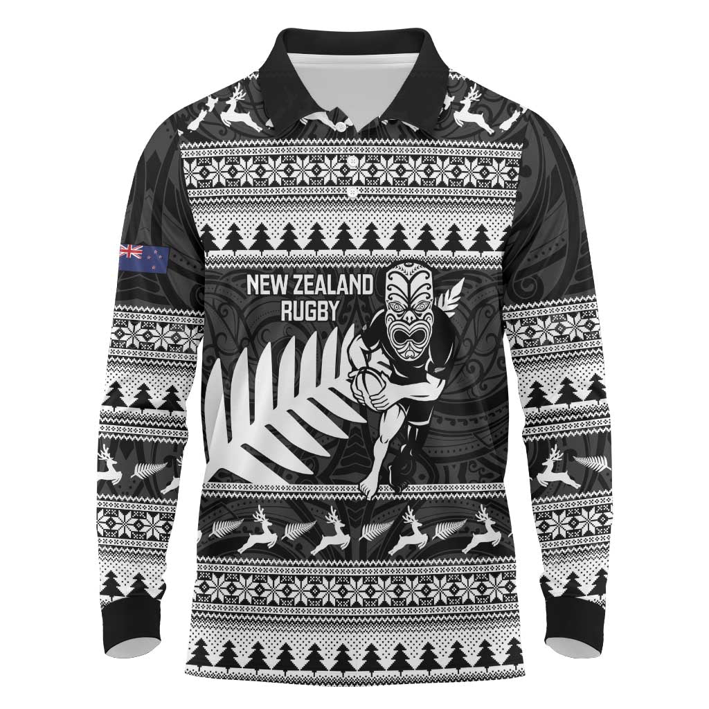 New Zealand Christmas Rugby Personalised Long Sleeve Polo Shirt Meri Kirihimete All Black Maori - Polynesian Pride