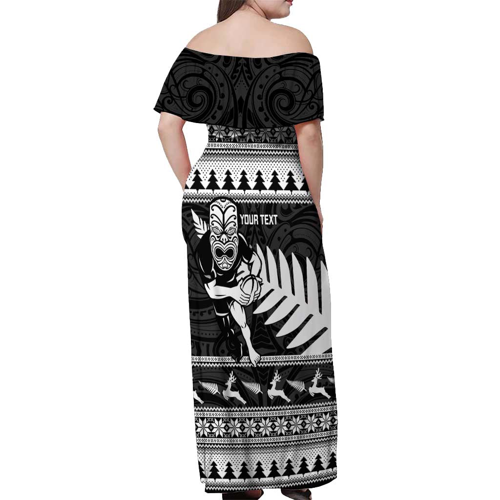 New Zealand Christmas Rugby Personalised Off Shoulder Maxi Dress Meri Kirihimete All Black Maori - Polynesian Pride