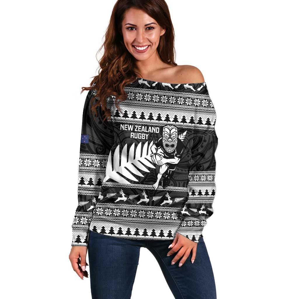 New Zealand Christmas Rugby Personalised Off Shoulder Sweater Meri Kirihimete All Black Maori - Polynesian Pride