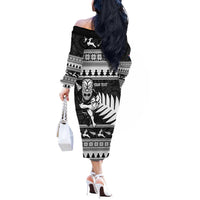 New Zealand Christmas Rugby Personalised Off The Shoulder Long Sleeve Dress Meri Kirihimete All Black Maori - Polynesian Pride