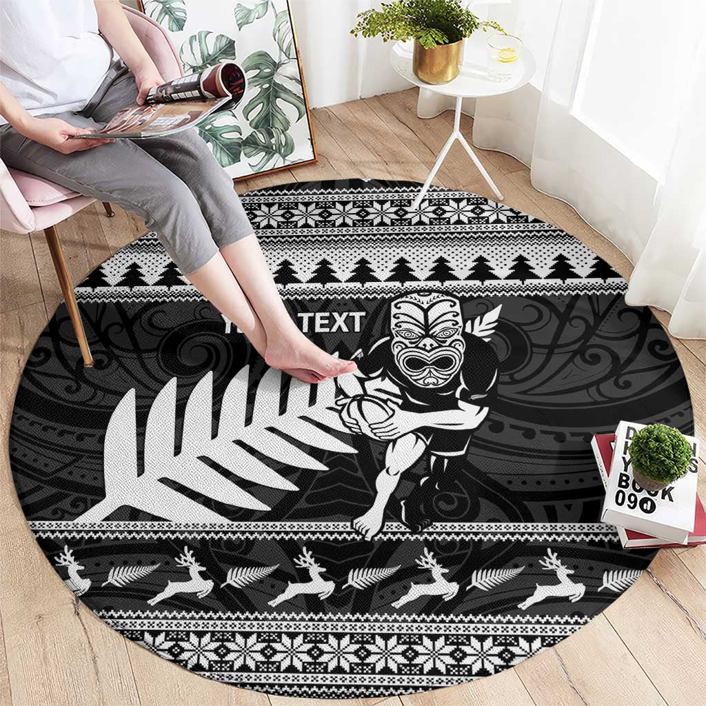 New Zealand Christmas Rugby Personalised Round Carpet Meri Kirihimete All Black Maori - Polynesian Pride