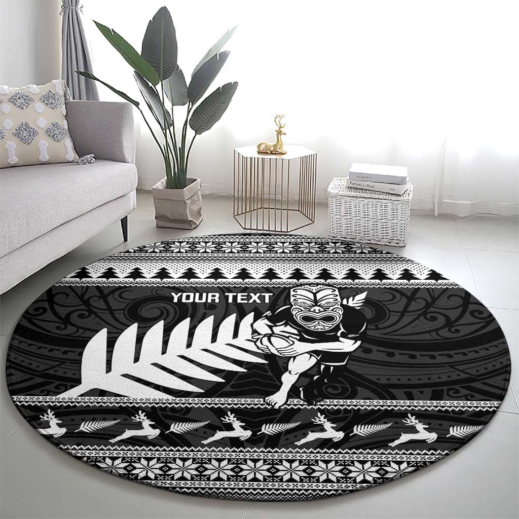 New Zealand Christmas Rugby Personalised Round Carpet Meri Kirihimete All Black Maori - Polynesian Pride