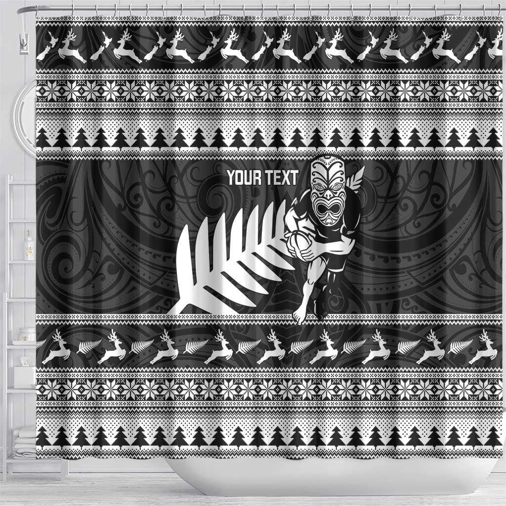 New Zealand Christmas Rugby Personalised Shower Curtain Meri Kirihimete All Black Maori - Polynesian Pride