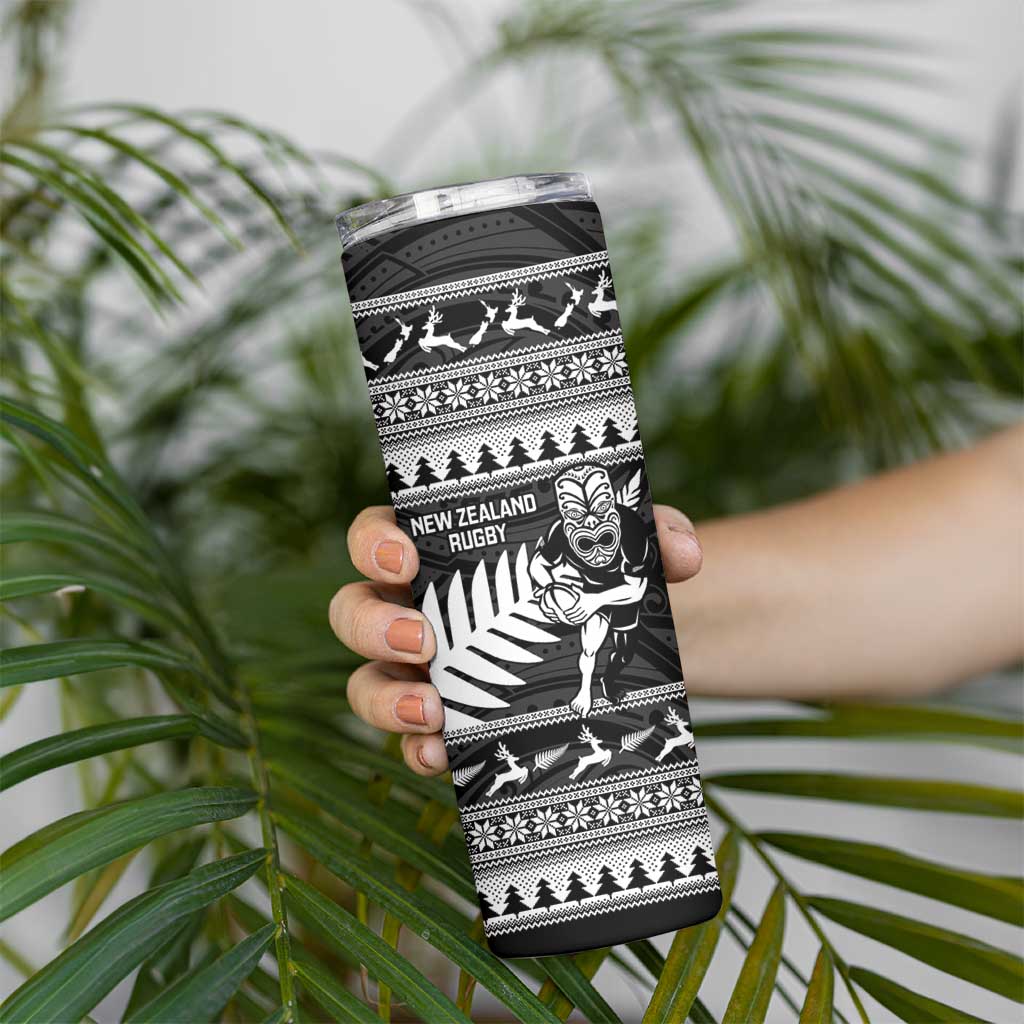 New Zealand Christmas Rugby Personalised Skinny Tumbler Meri Kirihimete All Black Maori - Polynesian Pride