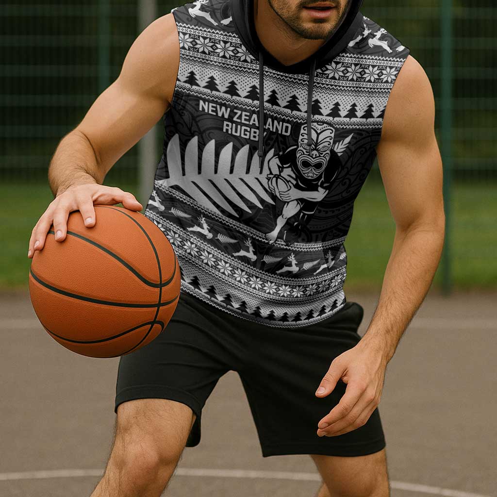 New Zealand Christmas Rugby Personalised Sleeveless Hoodie Meri Kirihimete All Black Maori - Polynesian Pride