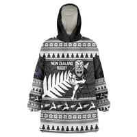 New Zealand Christmas Rugby Personalised Wearable Blanket Hoodie Meri Kirihimete All Black Maori - Polynesian Pride