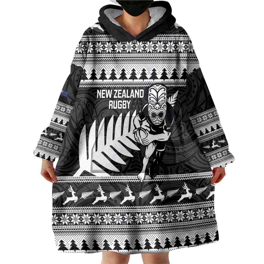 New Zealand Christmas Rugby Personalised Wearable Blanket Hoodie Meri Kirihimete All Black Maori - Polynesian Pride