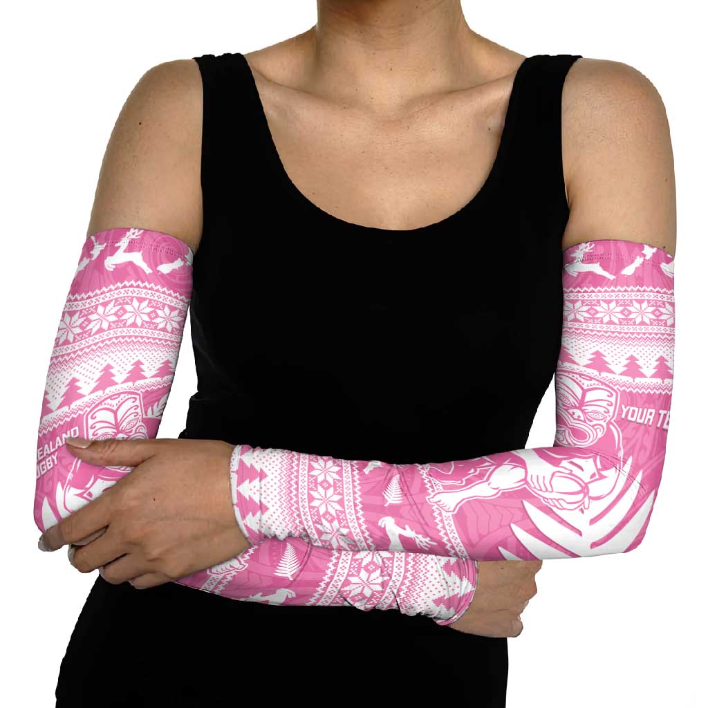 New Zealand Christmas Rugby Personalised Arm Sleeves Meri Kirihimete All Black Maori Pink Version - Polynesian Pride
