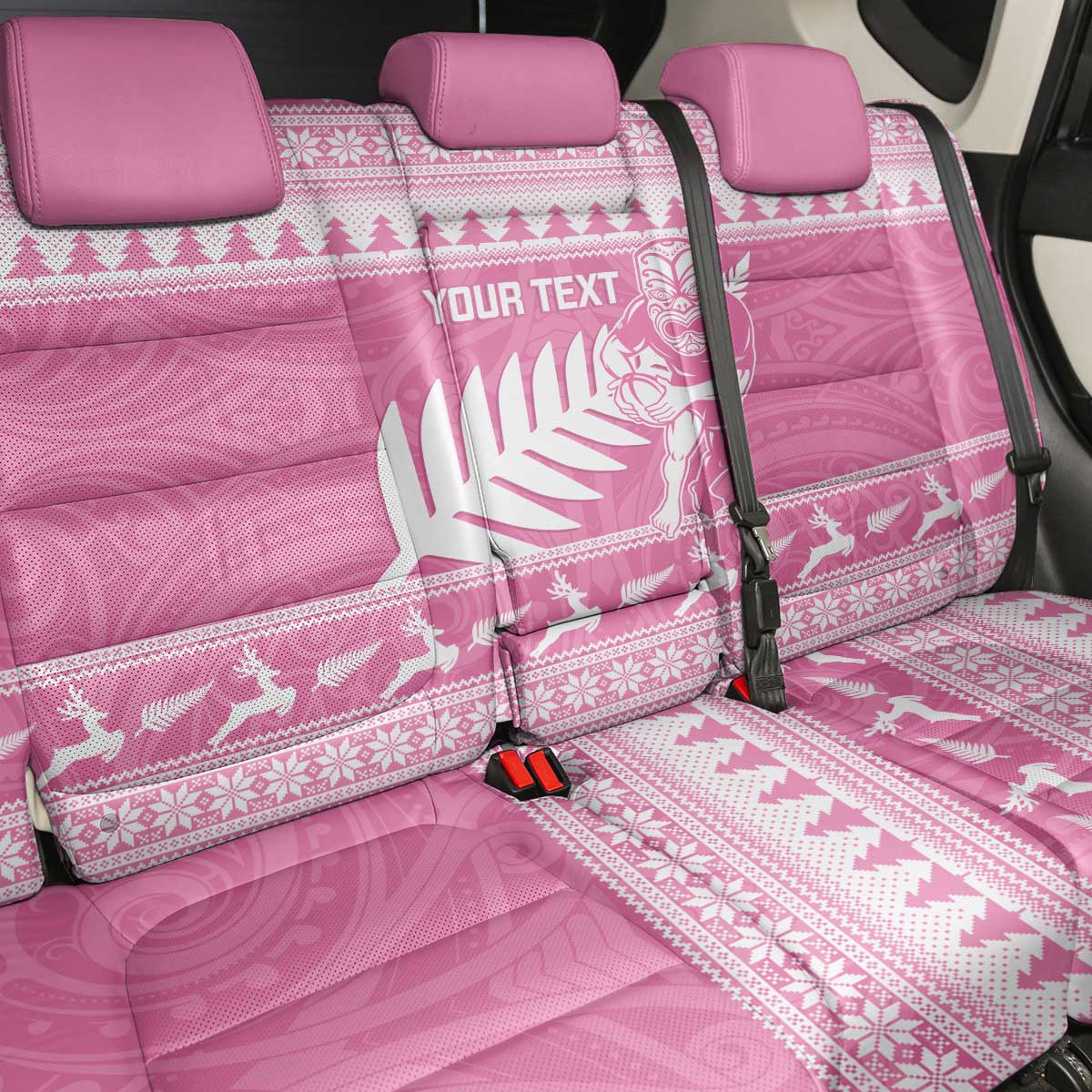New Zealand Christmas Rugby Personalised Back Car Seat Cover Meri Kirihimete All Black Maori Pink Version - Polynesian Pride