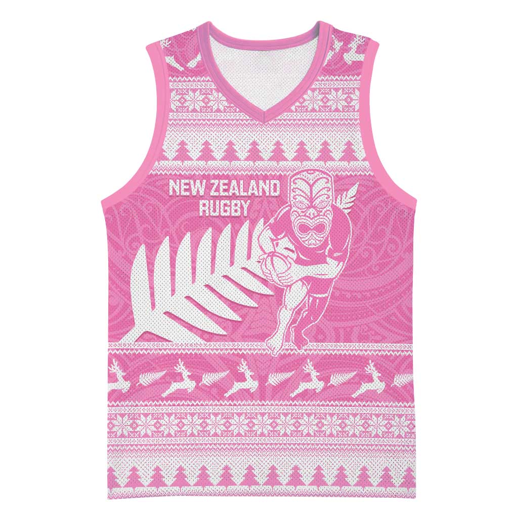 New Zealand Christmas Rugby Personalised Basketball Jersey Meri Kirihimete All Black Maori Pink Version - Polynesian Pride