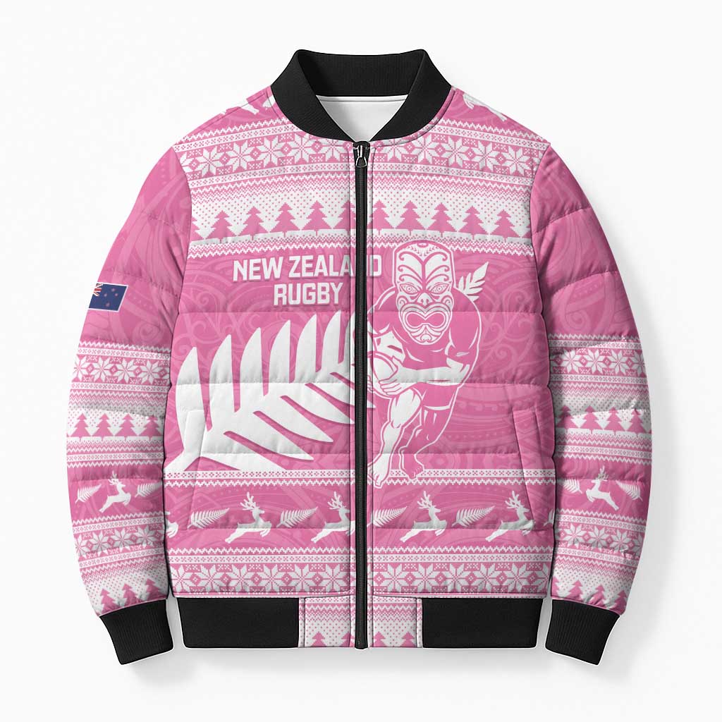 New Zealand Christmas Rugby Personalised Bomber Puffer Jacket Meri Kirihimete All Black Maori Pink Version - Polynesian Pride