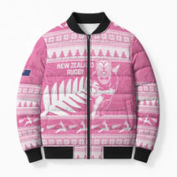 New Zealand Christmas Rugby Personalised Bomber Puffer Jacket Meri Kirihimete All Black Maori Pink Version - Polynesian Pride
