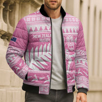 New Zealand Christmas Rugby Personalised Bomber Puffer Jacket Meri Kirihimete All Black Maori Pink Version - Polynesian Pride
