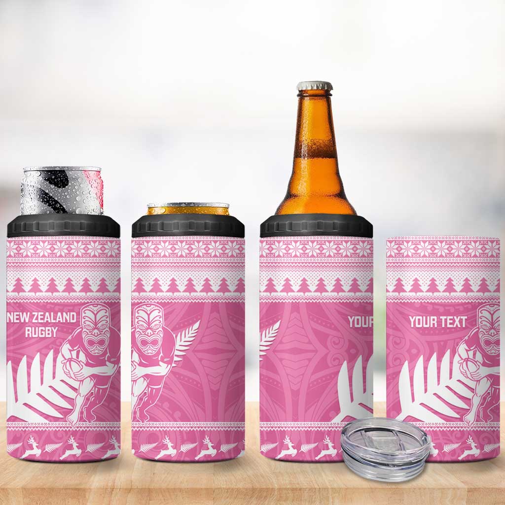 New Zealand Christmas Rugby Personalised 4 in 1 Can Cooler Tumbler Meri Kirihimete All Black Maori Pink Version - Polynesian Pride