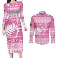 New Zealand Christmas Rugby Personalised Couples Matching Long Sleeve Bodycon Dress and Long Sleeve Button Shirt Meri Kirihimete All Black Maori Pink Version - Polynesian Pride