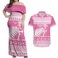 New Zealand Christmas Rugby Personalised Couples Matching Off Shoulder Maxi Dress and Hawaiian Shirt Meri Kirihimete All Black Maori Pink Version - Polynesian Pride