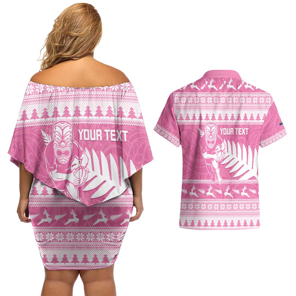 New Zealand Christmas Rugby Personalised Couples Matching Off Shoulder Short Dress and Hawaiian Shirt Meri Kirihimete All Black Maori Pink Version - Polynesian Pride