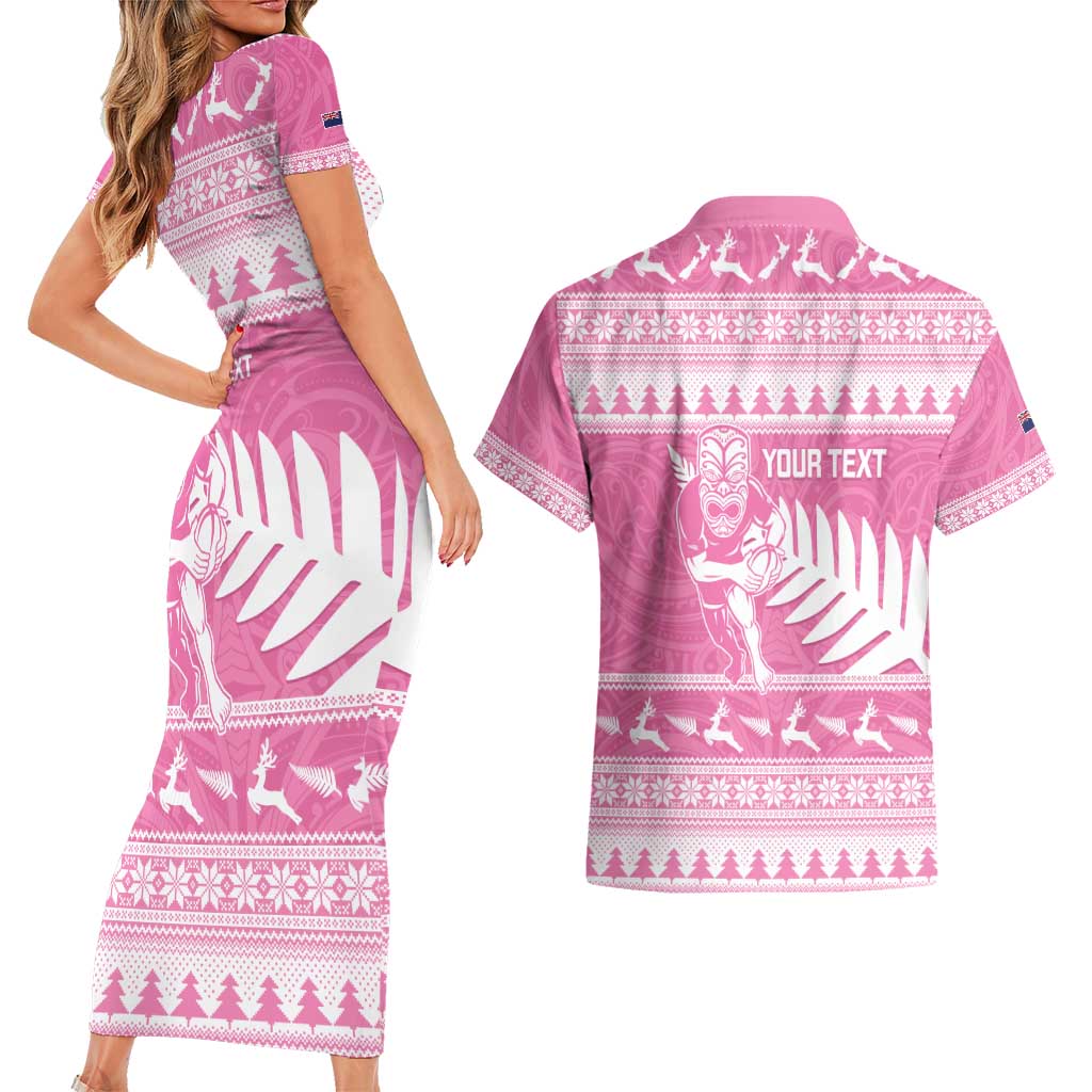 New Zealand Christmas Rugby Personalised Couples Matching Short Sleeve Bodycon Dress and Hawaiian Shirt Meri Kirihimete All Black Maori Pink Version - Polynesian Pride