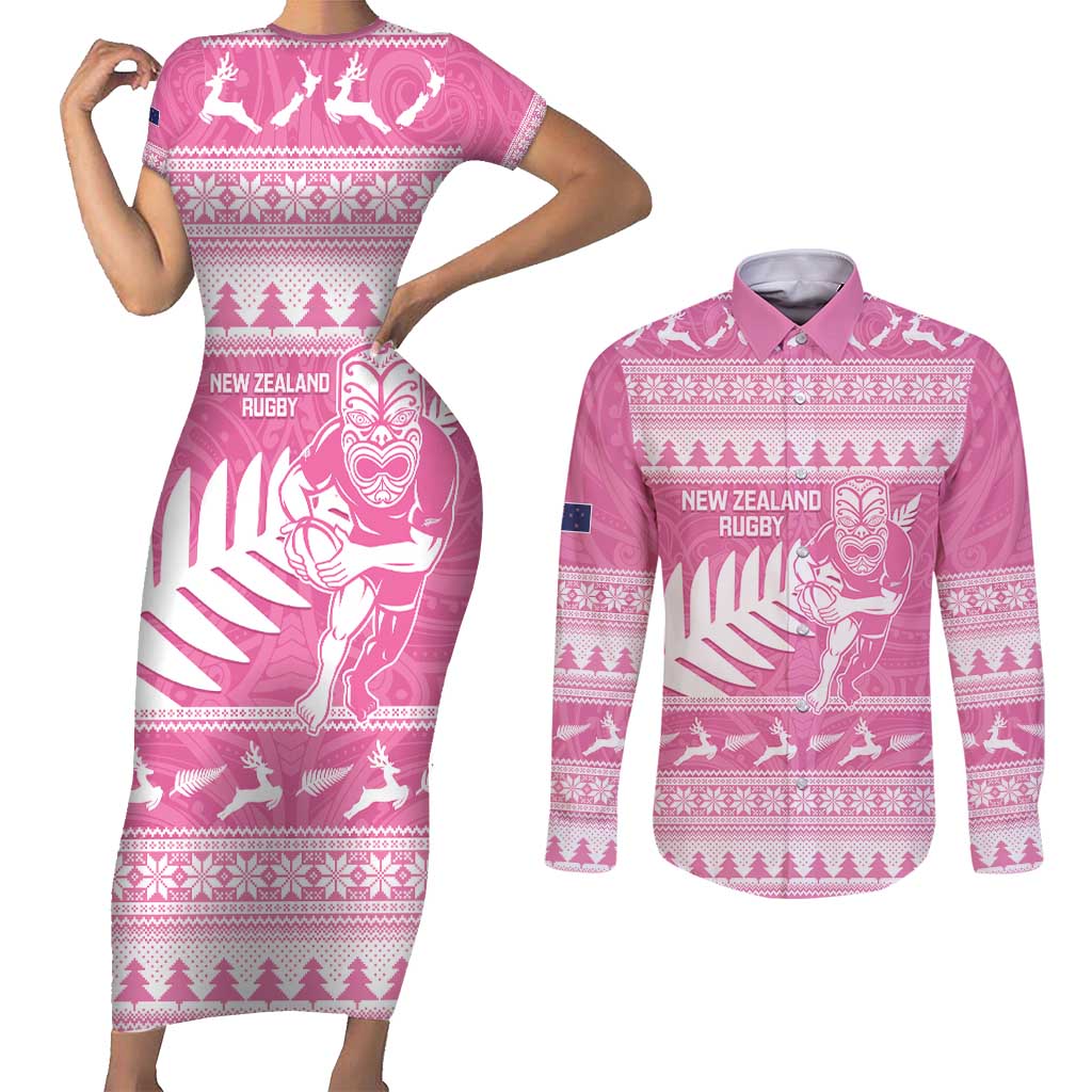 New Zealand Christmas Rugby Personalised Couples Matching Short Sleeve Bodycon Dress and Long Sleeve Button Shirt Meri Kirihimete All Black Maori Pink Version - Polynesian Pride