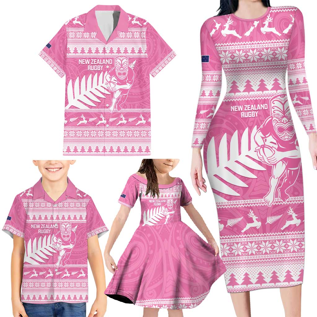 New Zealand Christmas Rugby Personalised Family Matching Long Sleeve Bodycon Dress and Hawaiian Shirt Meri Kirihimete All Black Maori Pink Version - Polynesian Pride