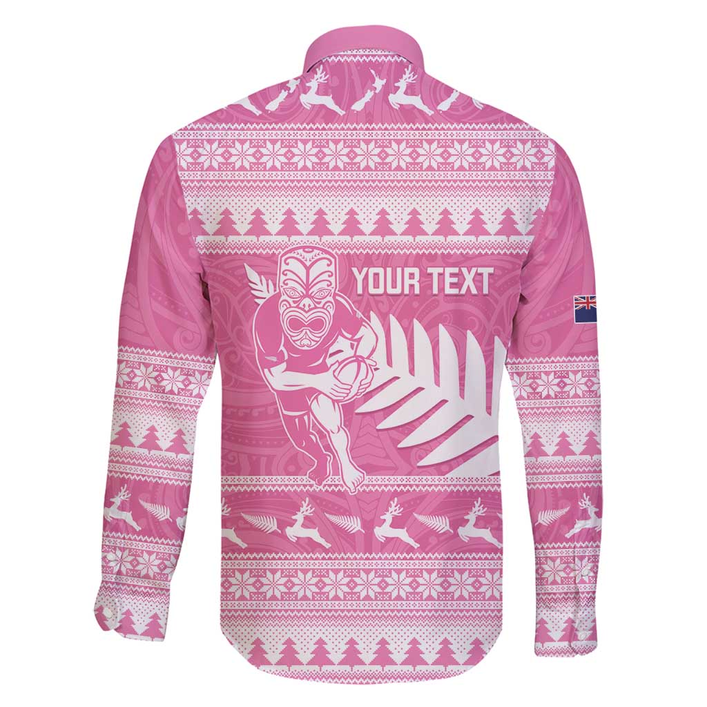 New Zealand Christmas Rugby Personalised Family Matching Long Sleeve Bodycon Dress and Hawaiian Shirt Meri Kirihimete All Black Maori Pink Version - Polynesian Pride