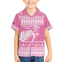 New Zealand Christmas Rugby Personalised Family Matching Long Sleeve Bodycon Dress and Hawaiian Shirt Meri Kirihimete All Black Maori Pink Version - Polynesian Pride