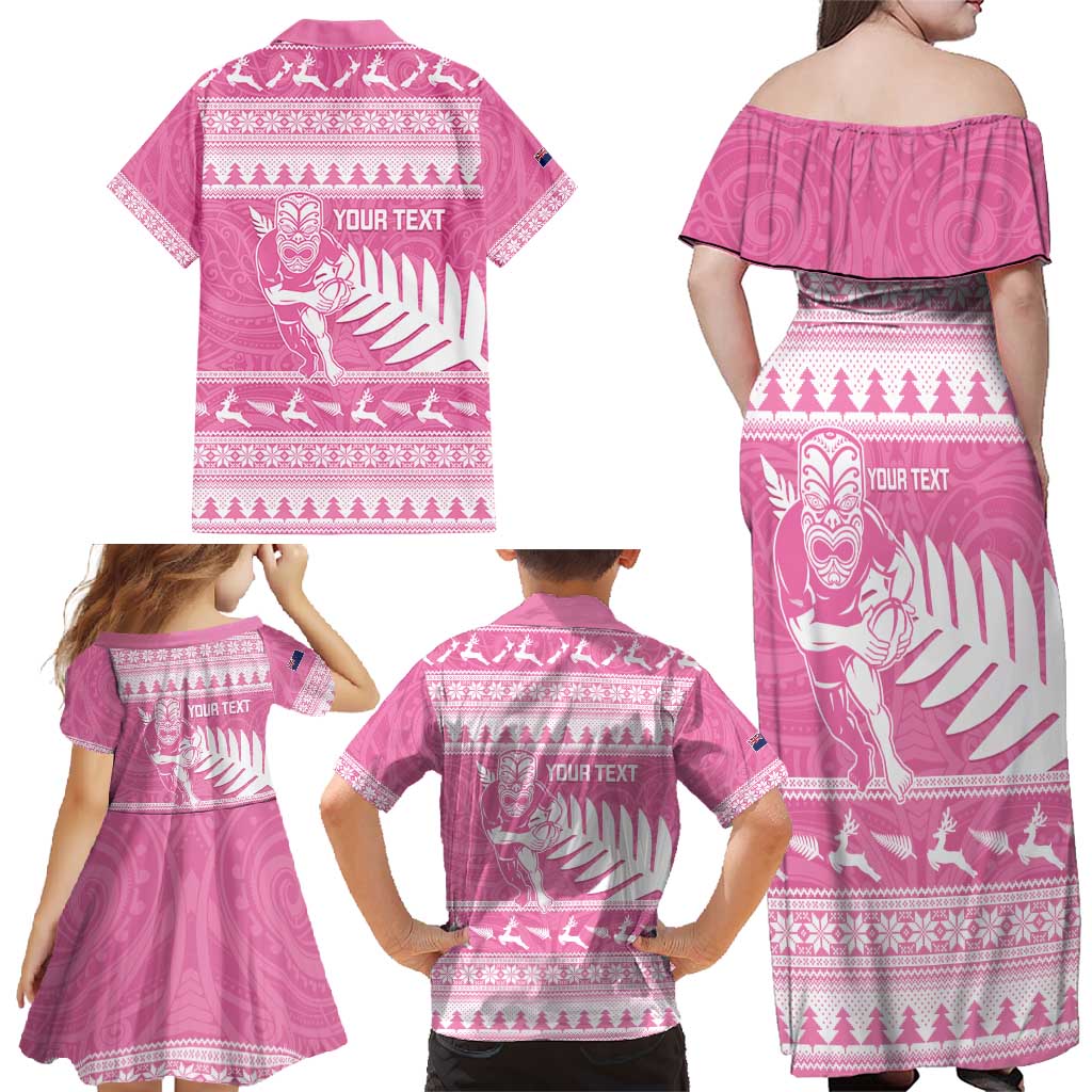 New Zealand Christmas Rugby Personalised Family Matching Off Shoulder Maxi Dress and Hawaiian Shirt Meri Kirihimete All Black Maori Pink Version - Polynesian Pride