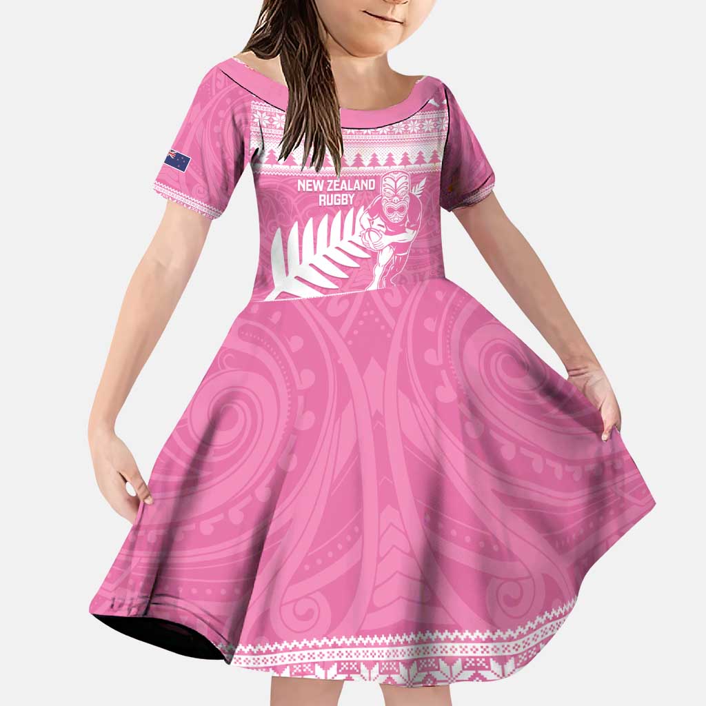 New Zealand Christmas Rugby Personalised Family Matching Puletasi and Hawaiian Shirt Meri Kirihimete All Black Maori Pink Version - Polynesian Pride