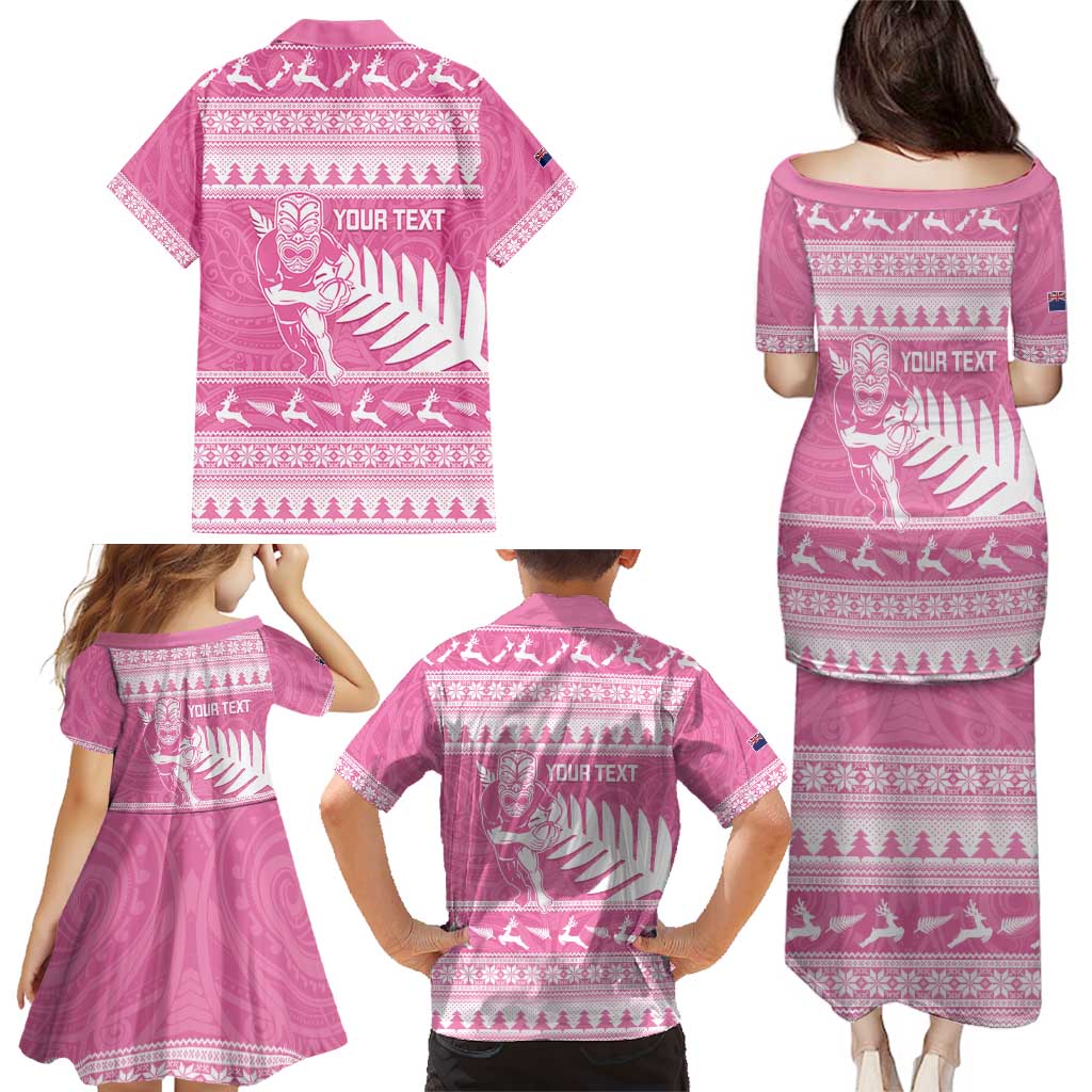 New Zealand Christmas Rugby Personalised Family Matching Puletasi and Hawaiian Shirt Meri Kirihimete All Black Maori Pink Version - Polynesian Pride