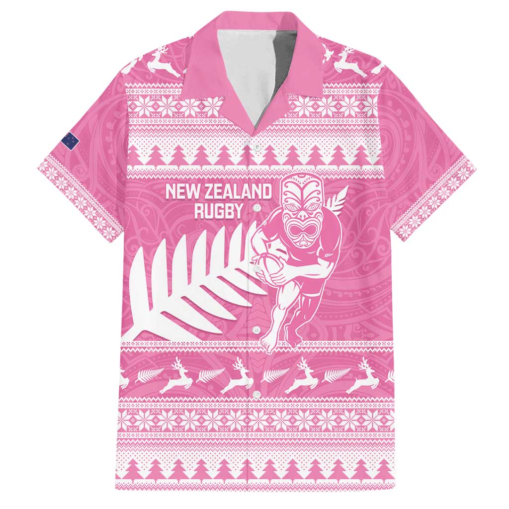 New Zealand Christmas Rugby Personalised Family Matching Puletasi and Hawaiian Shirt Meri Kirihimete All Black Maori Pink Version - Polynesian Pride