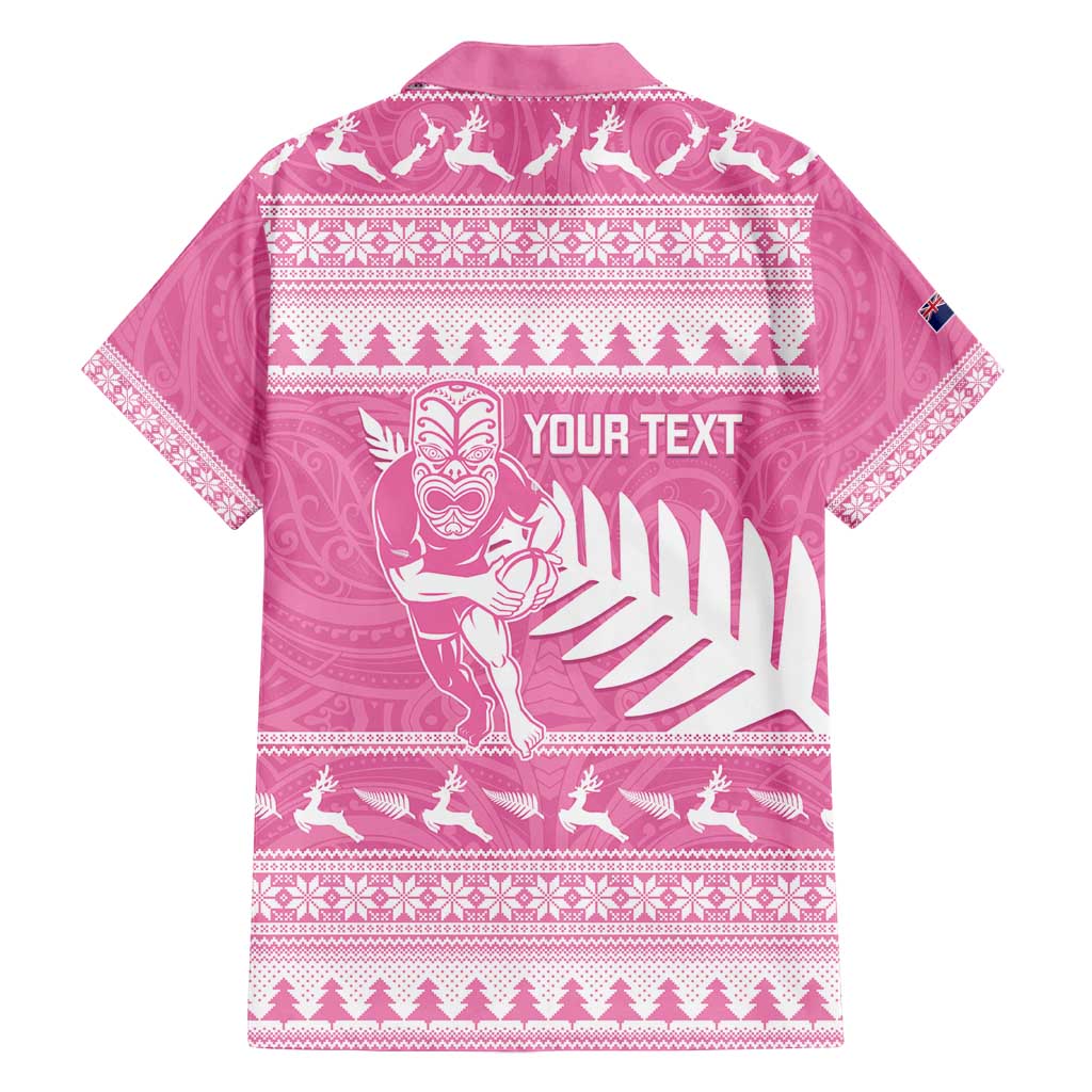New Zealand Christmas Rugby Personalised Family Matching Puletasi and Hawaiian Shirt Meri Kirihimete All Black Maori Pink Version - Polynesian Pride