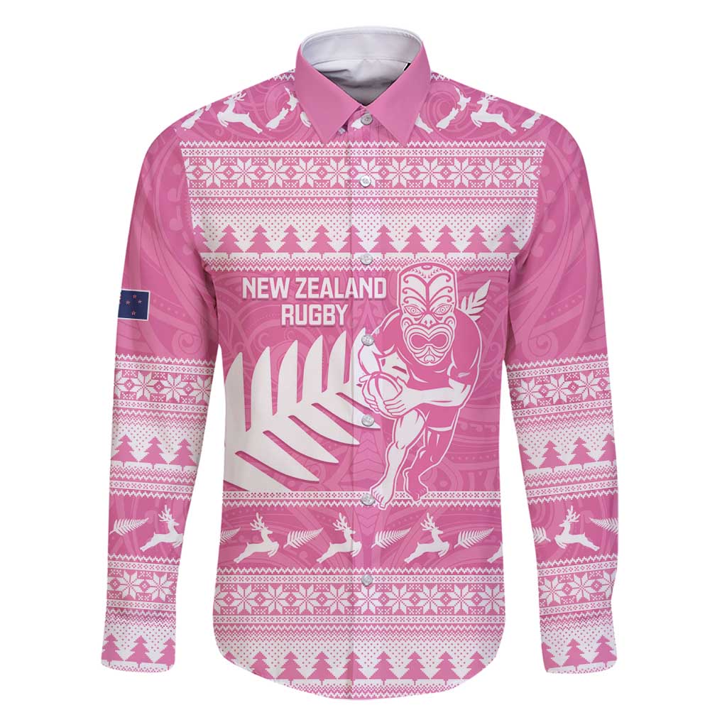 New Zealand Christmas Rugby Personalised Family Matching Puletasi and Hawaiian Shirt Meri Kirihimete All Black Maori Pink Version - Polynesian Pride