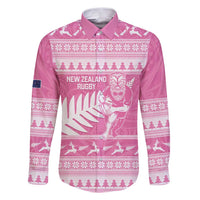 New Zealand Christmas Rugby Personalised Family Matching Puletasi and Hawaiian Shirt Meri Kirihimete All Black Maori Pink Version - Polynesian Pride