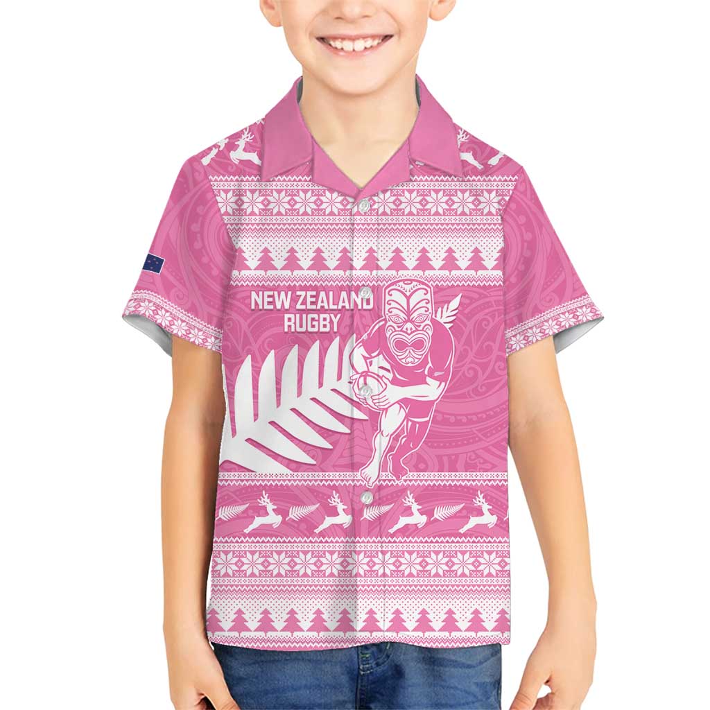 New Zealand Christmas Rugby Personalised Family Matching Puletasi and Hawaiian Shirt Meri Kirihimete All Black Maori Pink Version - Polynesian Pride