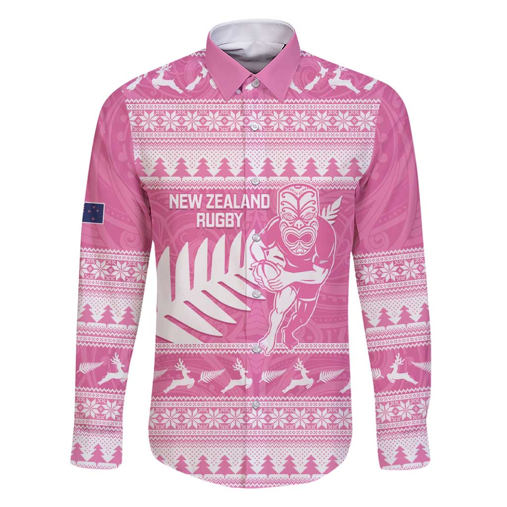 New Zealand Christmas Rugby Personalised Family Matching Short Sleeve Bodycon Dress and Hawaiian Shirt Meri Kirihimete All Black Maori Pink Version - Polynesian Pride