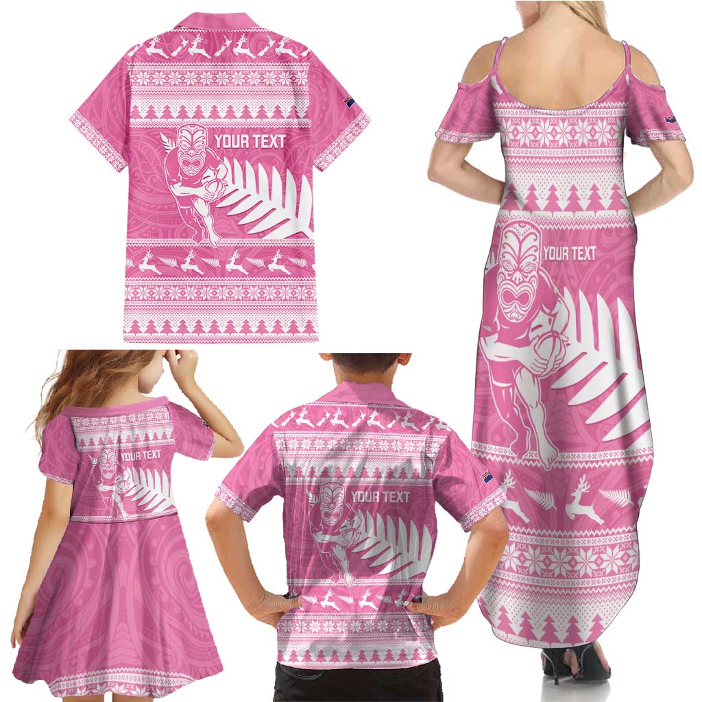 New Zealand Christmas Rugby Personalised Family Matching Summer Maxi Dress and Hawaiian Shirt Meri Kirihimete All Black Maori Pink Version - Polynesian Pride