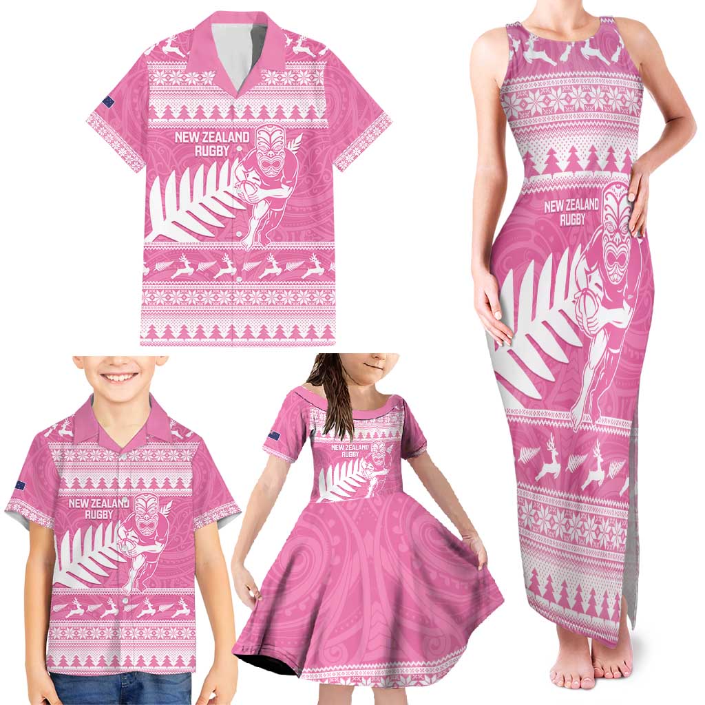 New Zealand Christmas Rugby Personalised Family Matching Tank Maxi Dress and Hawaiian Shirt Meri Kirihimete All Black Maori Pink Version - Polynesian Pride