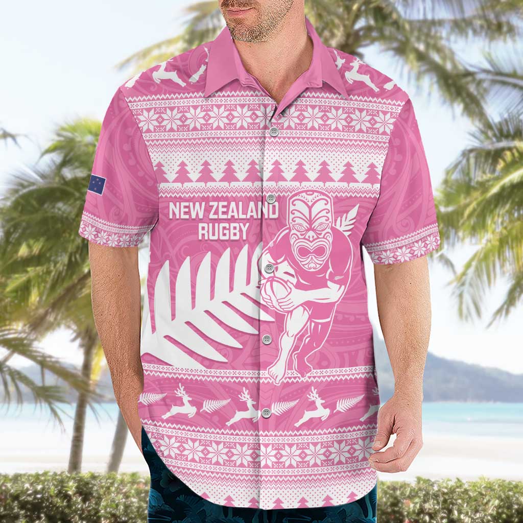 New Zealand Christmas Rugby Personalised Hawaiian Shirt Meri Kirihimete All Black Maori Pink Version - Polynesian Pride